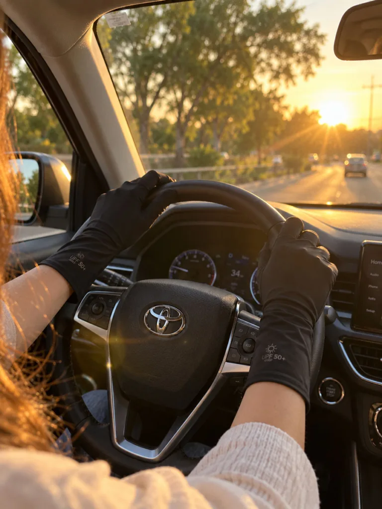 Woman wearing UPF sun protection gloves on the steering wheel to prevent hand aging from UV rays