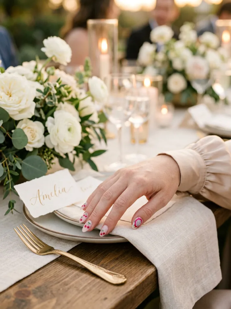 Fruit nail design on a hand resting near a wedding place setting with florals
