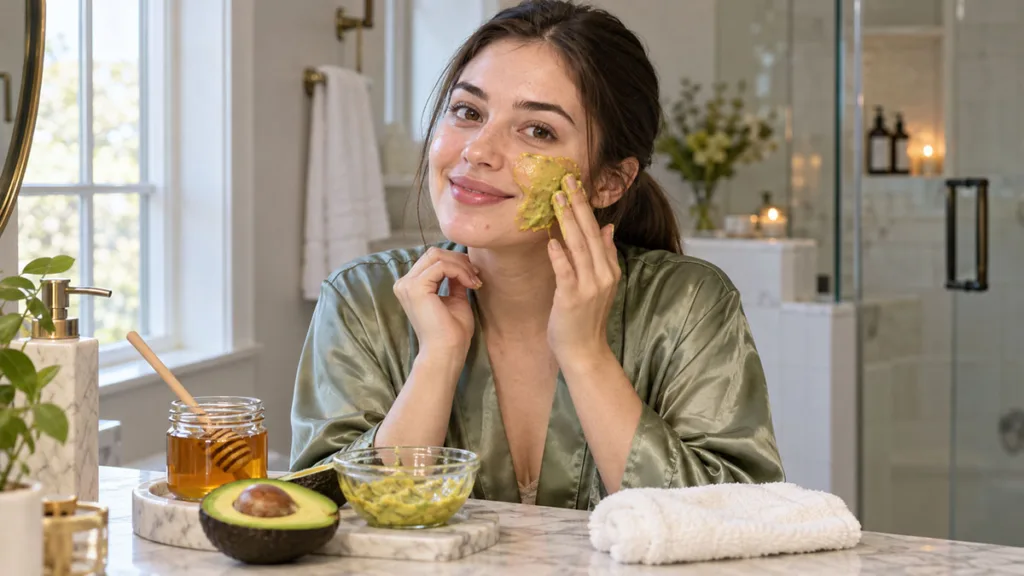 Woman applying a homemade honey and avocado face mask for dry skin