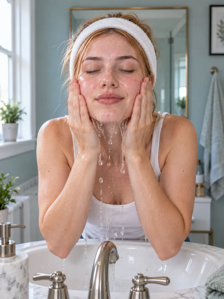 Woman cleansing her face at the sink before applying a hydrating face mask