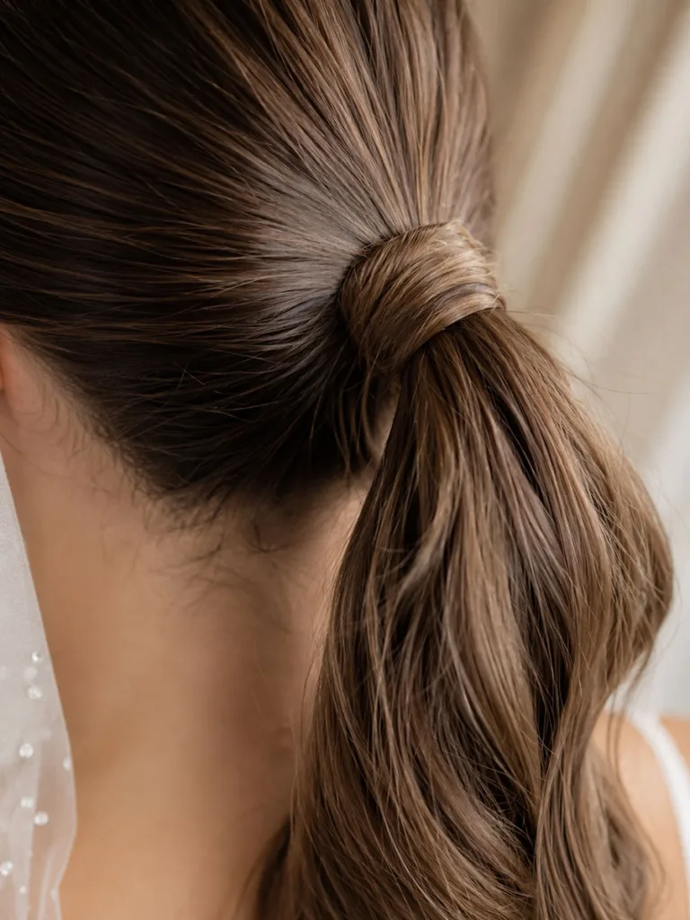 Close-up detail of a wrapped ponytail base hiding the elastic on a bridal hairstyle