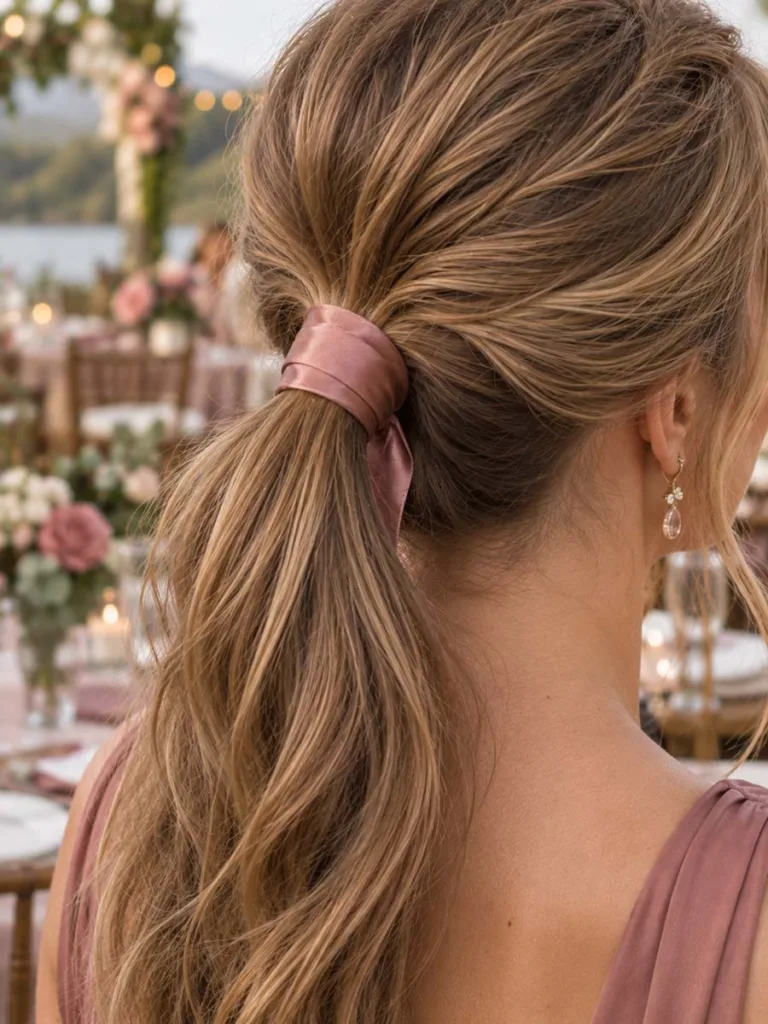 Close-up of a bridesmaid ponytail wrapped with a satin ribbon matching the wedding color palette
