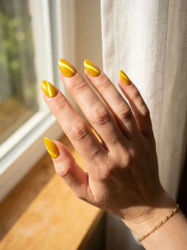 Fair-skinned hand with shimmering yellow cat eye nails catching sunlight by a window