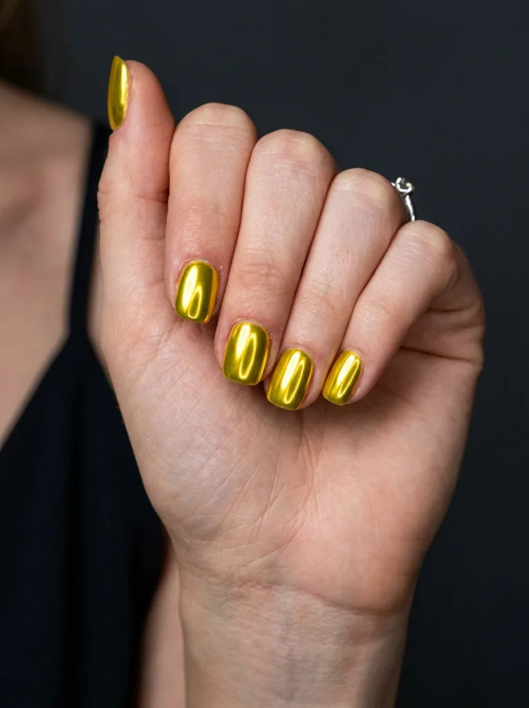 Fair-skinned hand with bright yellow chrome statement nails against a dark moody backdrop