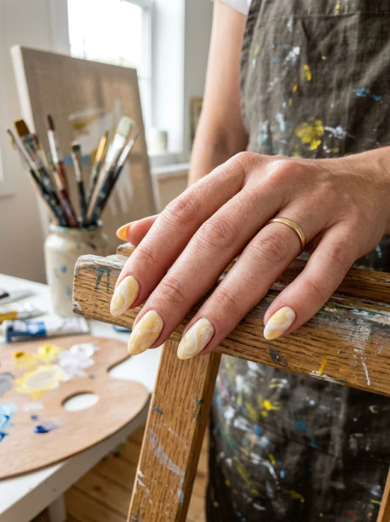 Fair-skinned hand with yellow and white marble nail art resting on an artist's easel