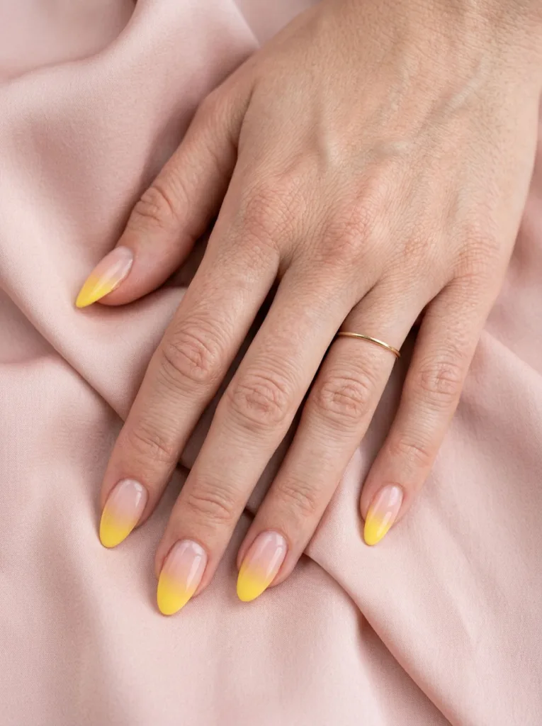 Fair-skinned hand with yellow ombre French tip nails on soft blush silk fabric