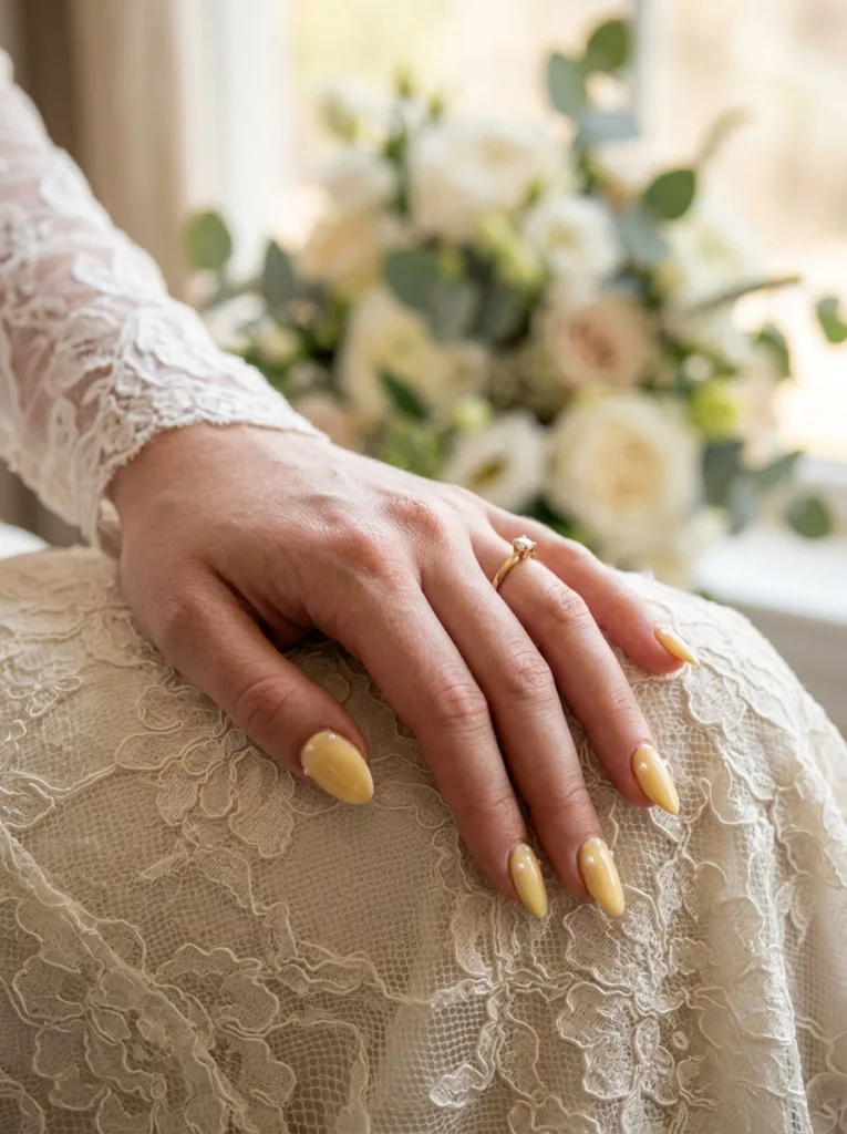 Fair-skinned hand with yellow pearl accent nails resting on ivory lace near a wedding bouquet