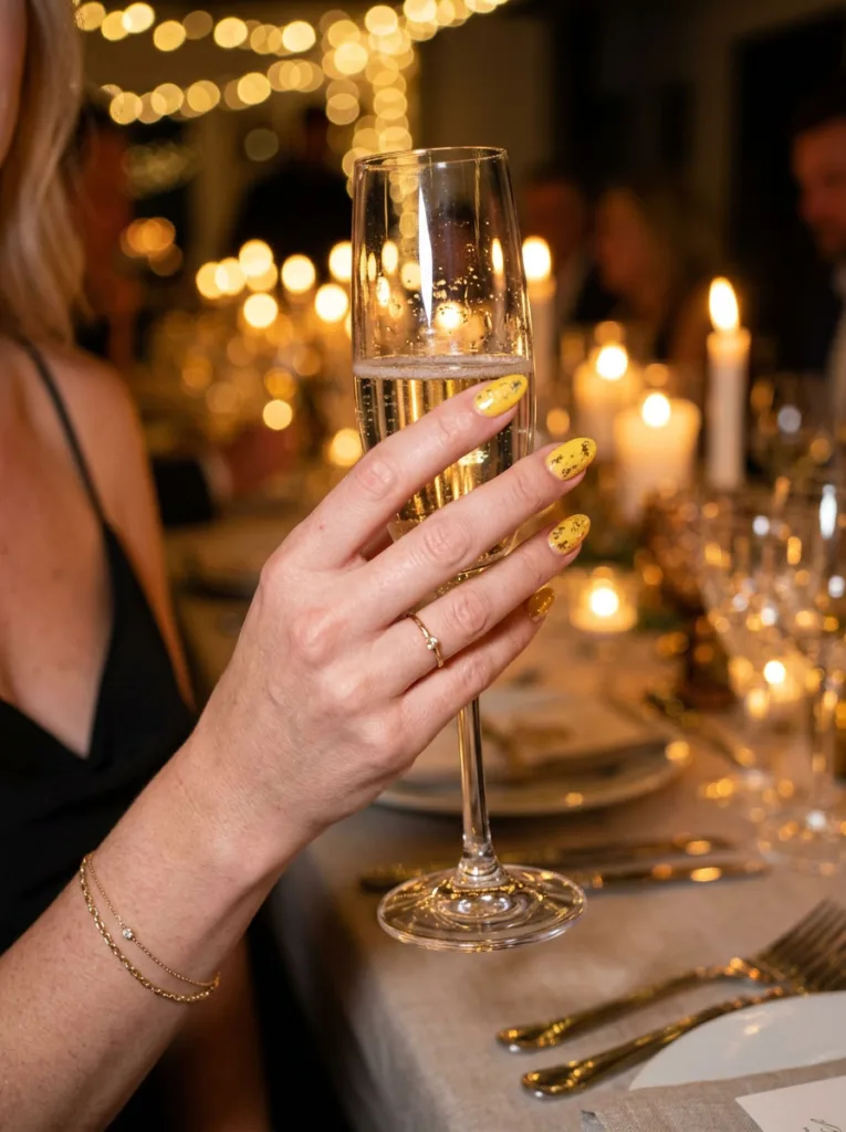 Fair-skinned hand with yellow and gold foil accent nails holding a champagne glass