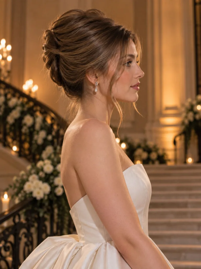 Side profile of a modern beehive-inspired wedding updo with height at the crown