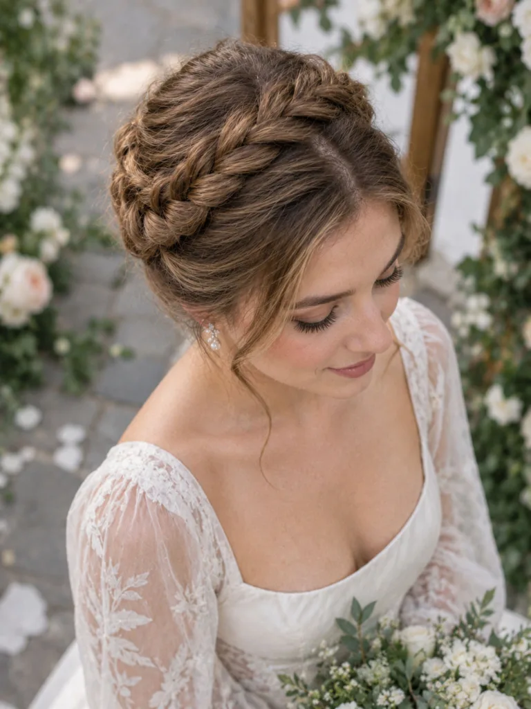 Overhead view of a braided crown wedding updo wrapping around the head like a halo