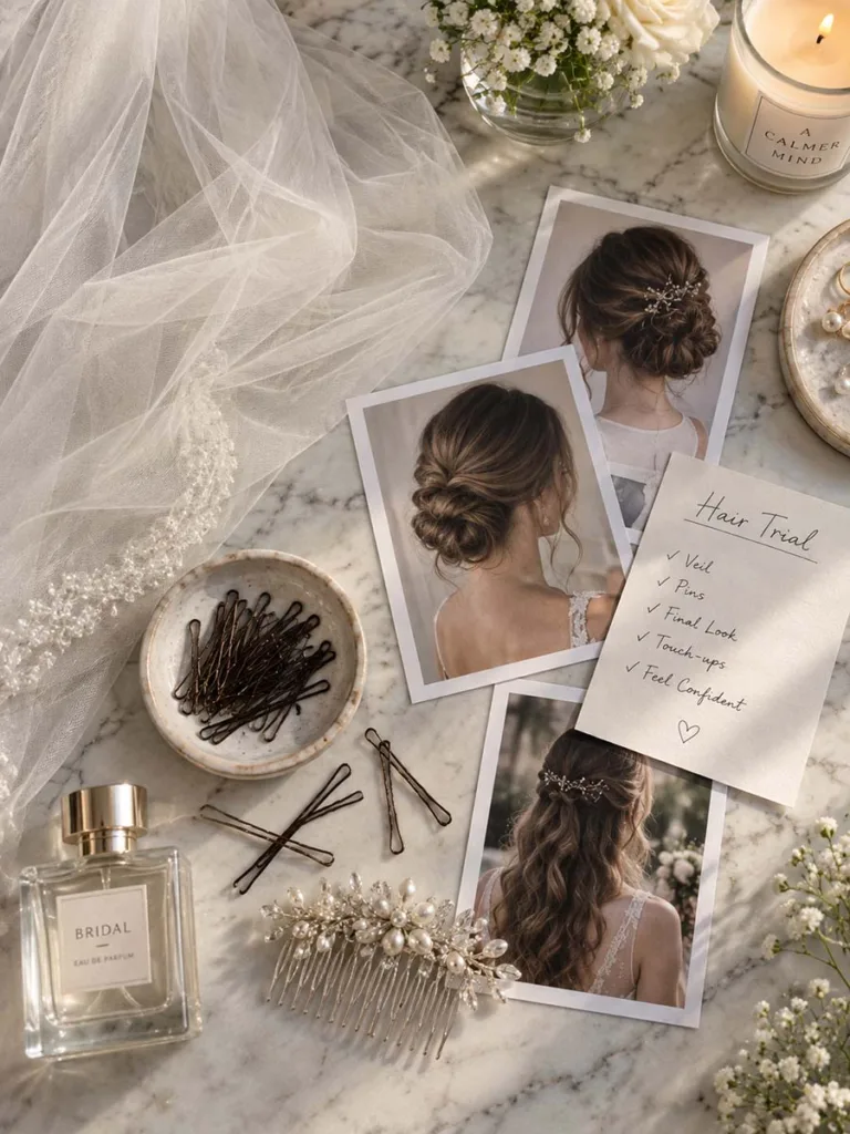Flatlay of a bride's hair trial essentials including a veil, inspiration photos, and hairpins