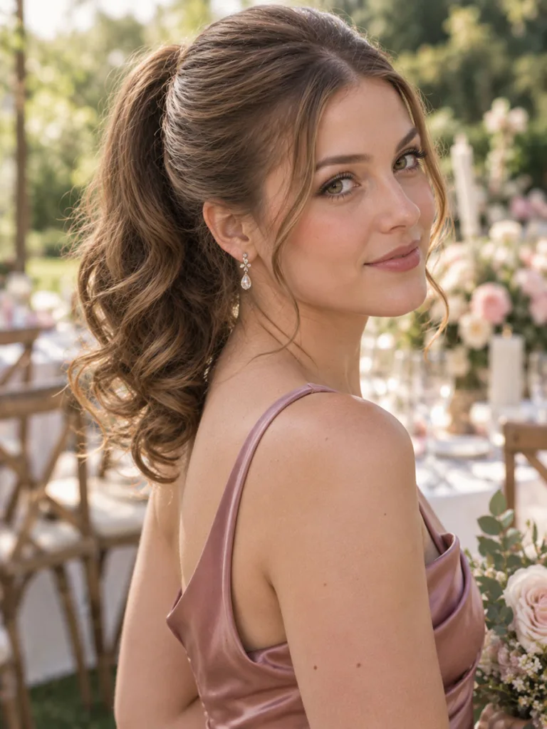 Three-quarter back view of a bridesmaid's polished ponytail with curled ends
