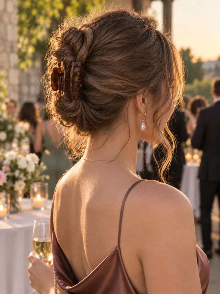 Back view of a quick claw clip updo styled for a wedding guest