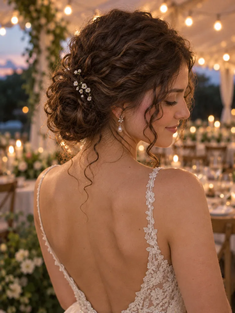 Three-quarter back view of a soft curly chignon wedding updo with loose curled tendrils