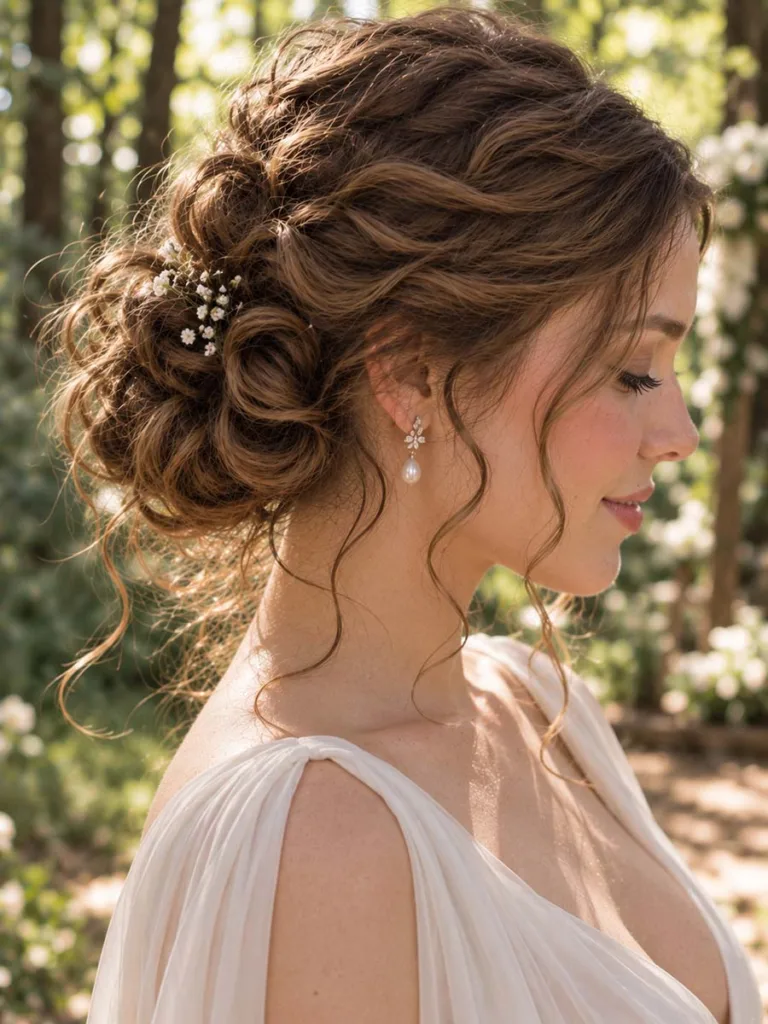 Side view of a loosely gathered curly updo with an intentionally undone finish