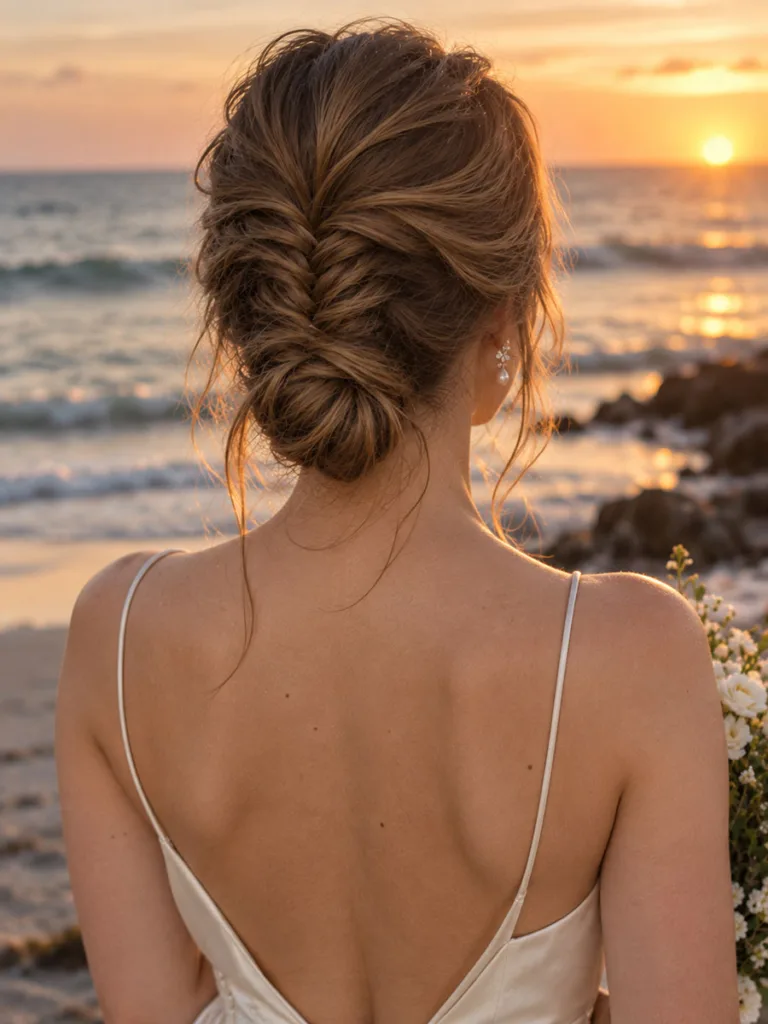 Back view of a fishtail braid coiled into a small tucked bun at the nape