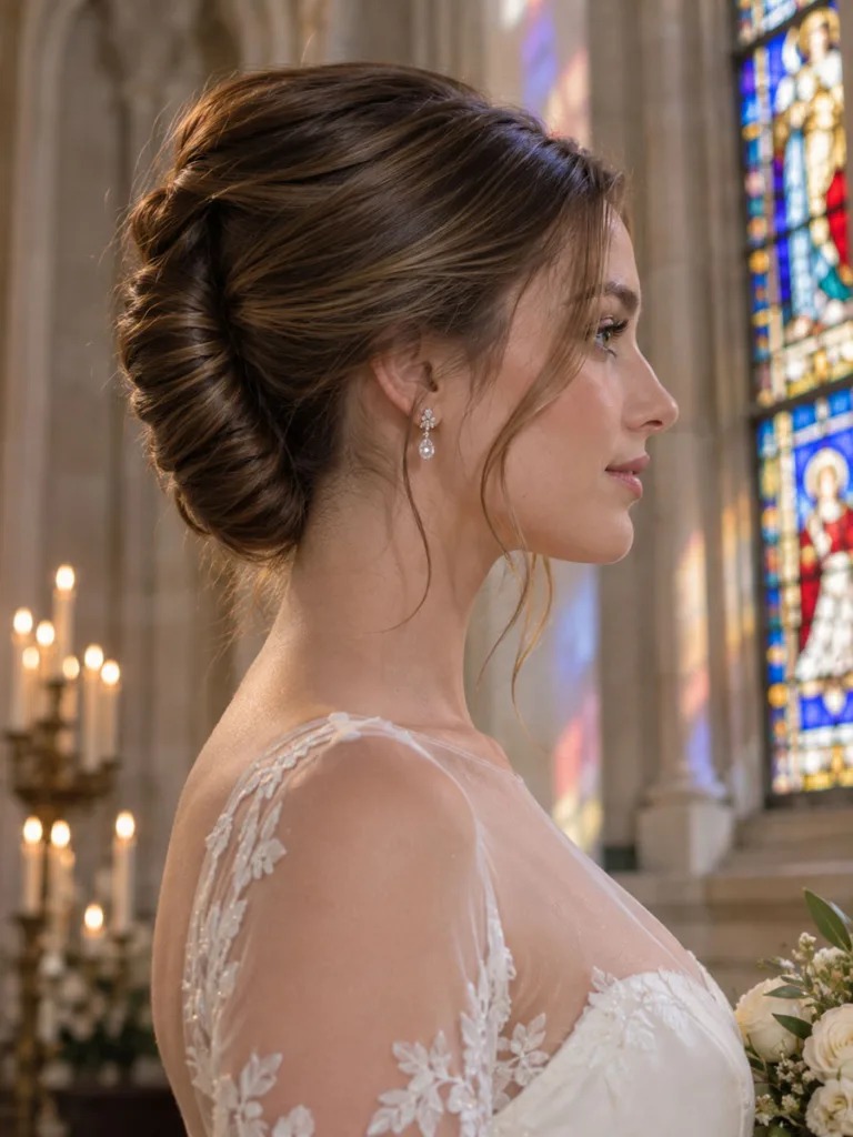 Side profile of a French twist wedding updo showing the vertical roll at the back of the head