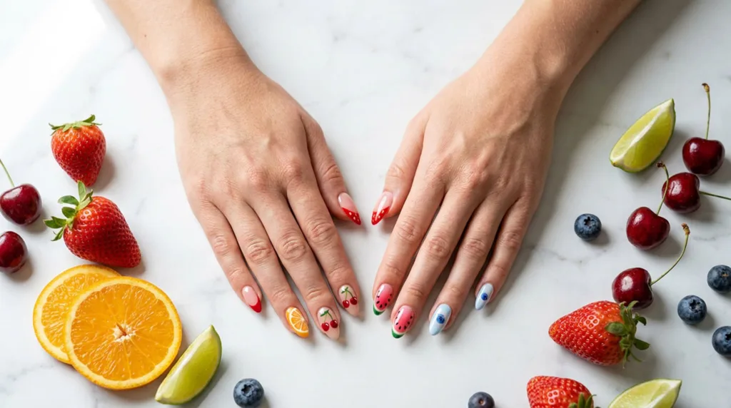 Fair-skinned hands with fruit nail art surrounded by fresh strawberries, citrus, and cherries