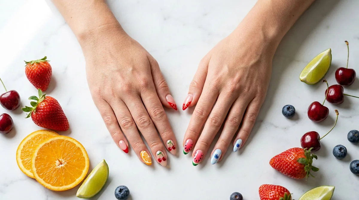 Fair-skinned hands with fruit nail art surrounded by fresh strawberries, citrus, and cherries