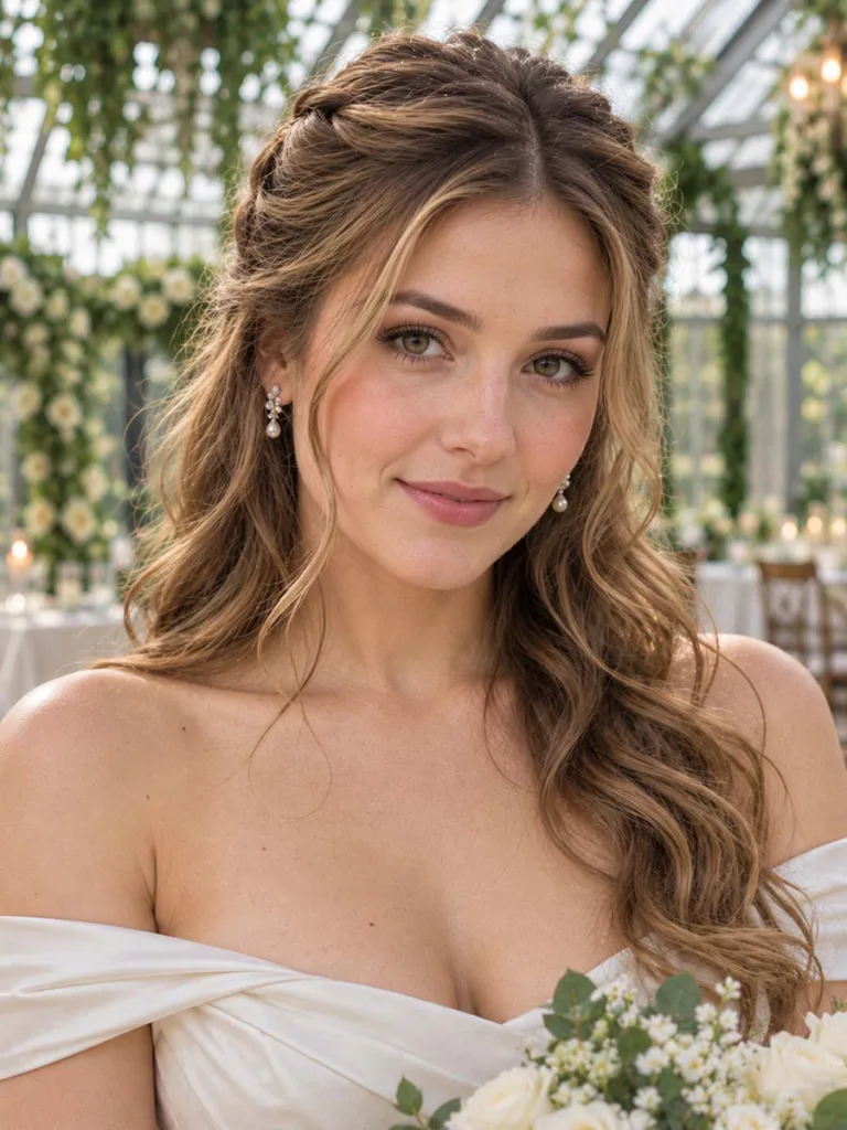 Front-facing view of a half-up twisted crown hairstyle with loose waves left down