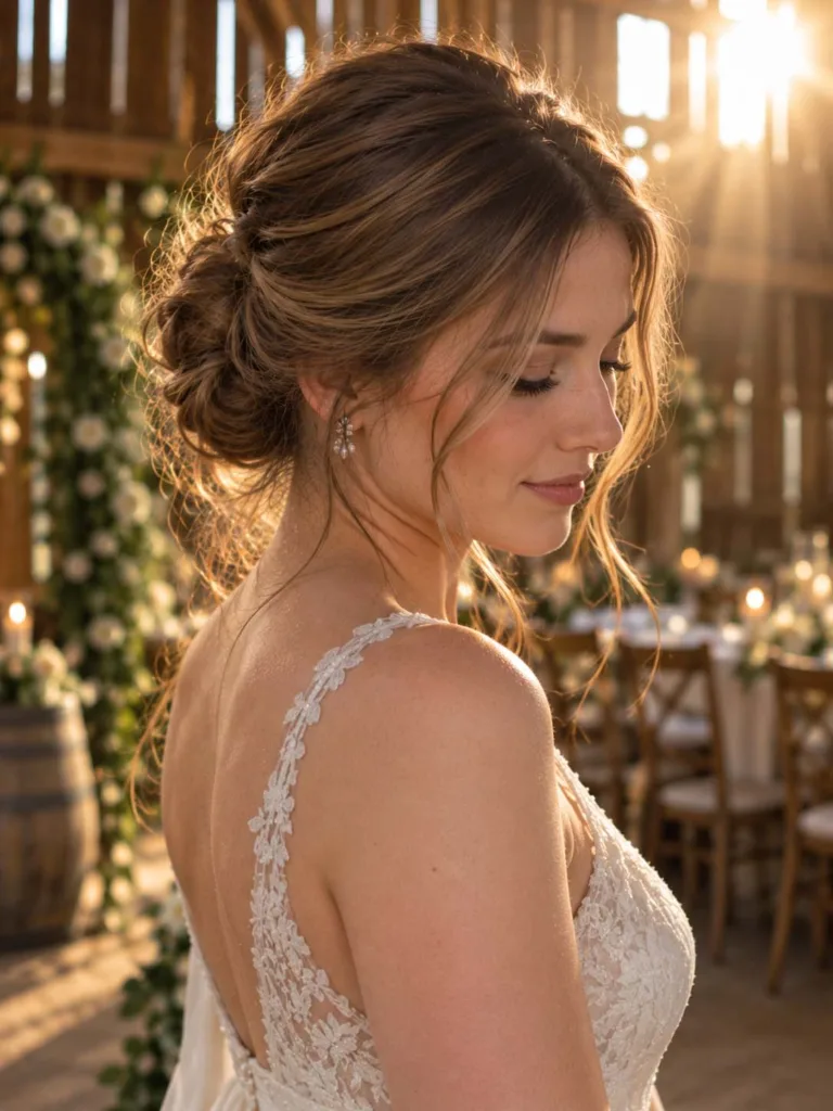 Three-quarter view of a loose, relaxed messy bun wedding updo for a rustic ceremony