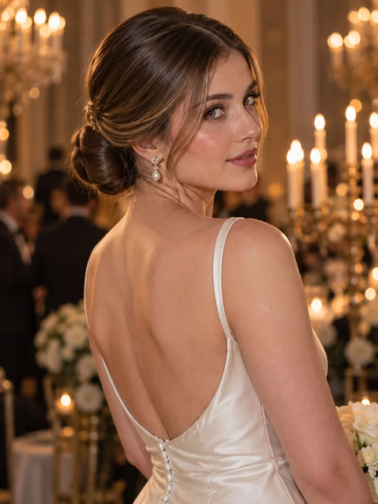 Close-up of a low chignon wedding updo at the nape of the neck for a black-tie bride