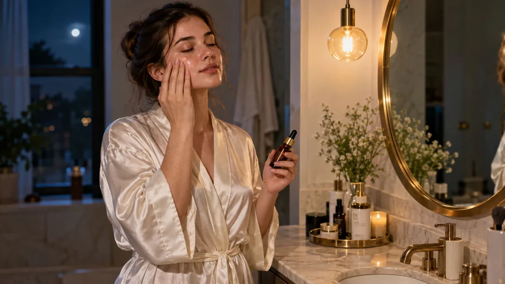 Woman applying serum as part of her night skin care routine for glowing skin
