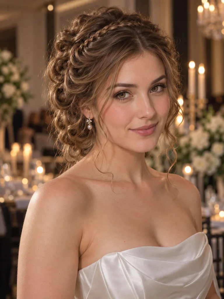 Front view of pinned barrel curls with a single thin braid crossing the crown