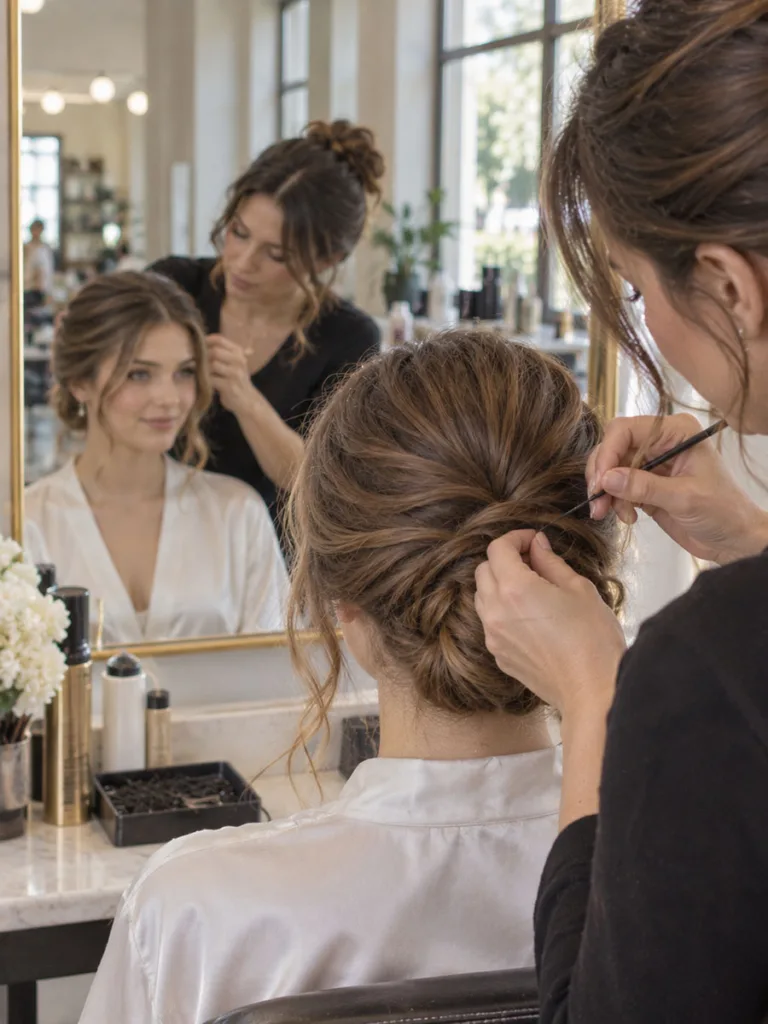 Professional hairstylist working on a bride's medium-length hair during a salon trial