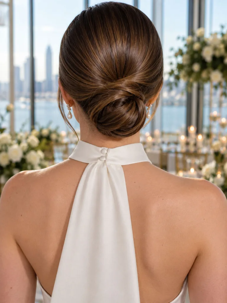 Back view of a sleek low bun wedding updo with a smooth polished finish