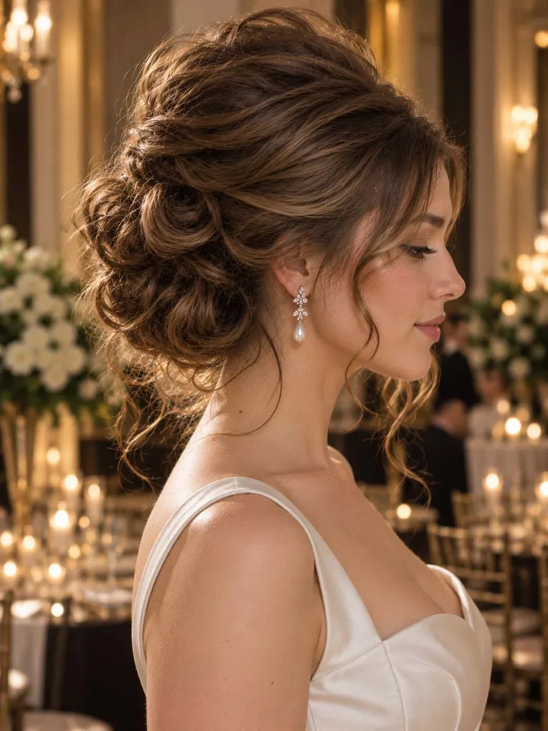 Side profile of a textured bouffant wedding updo with volume at the crown