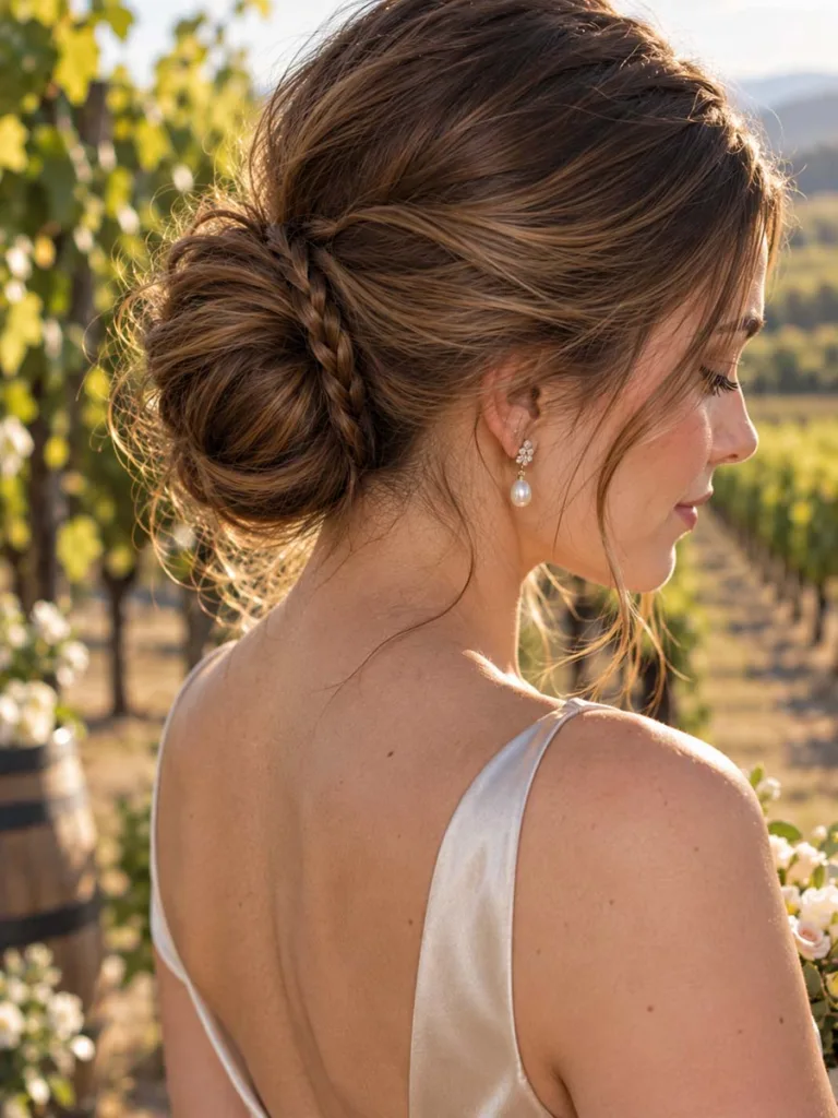 Close-up side view of a low bun updo with a thin braid wrapped around the base