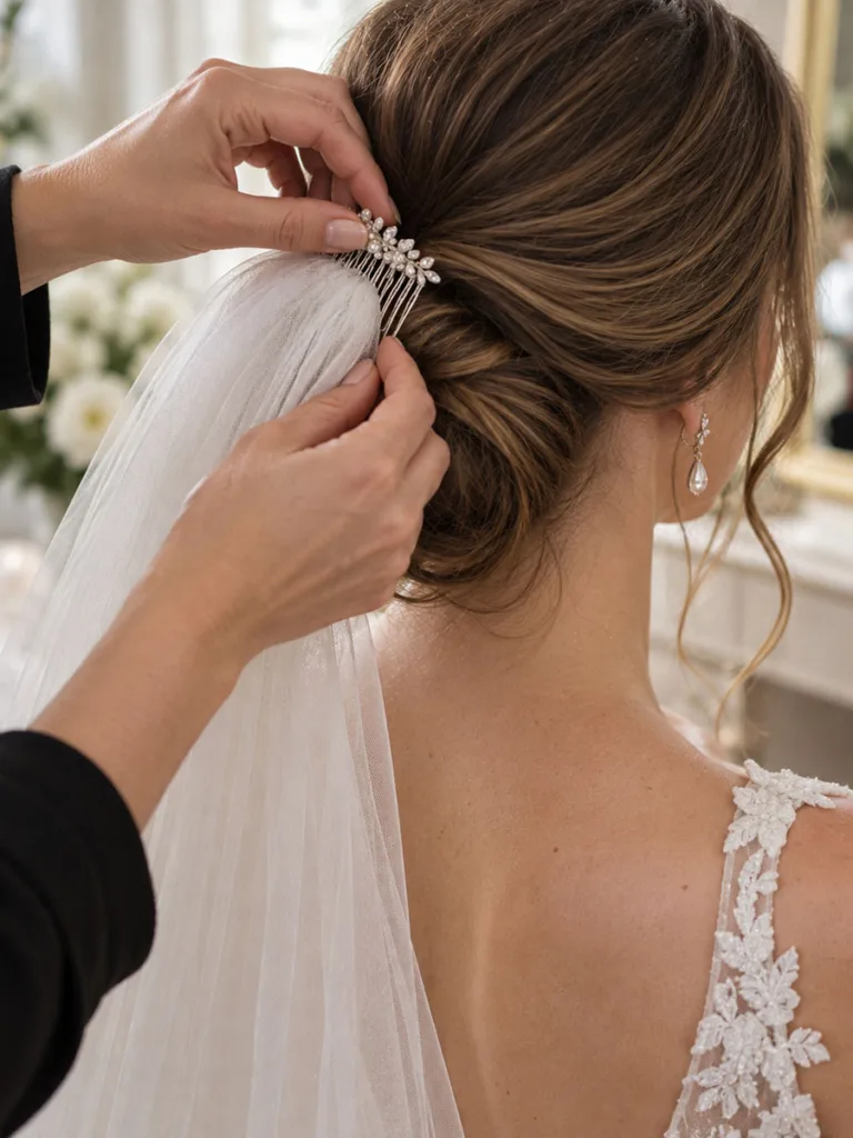 Close-up of a cathedral veil comb being secured into a low bridal bun