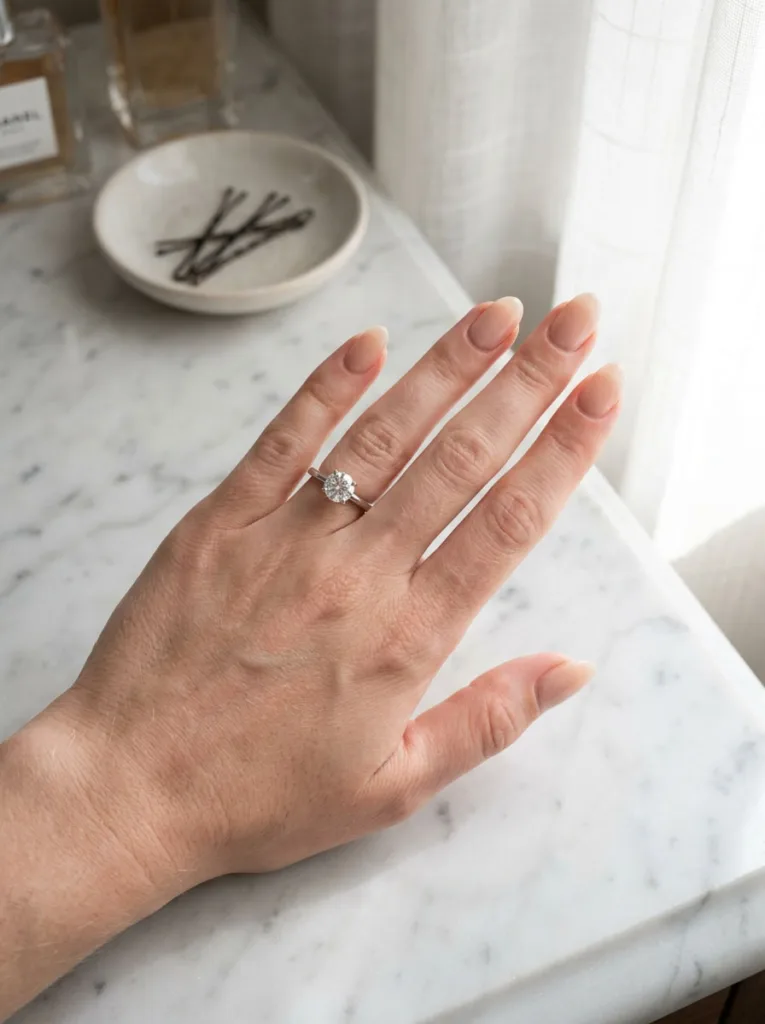 Oval wedding nail shape paired with a solitaire engagement ring, close-up hand photo