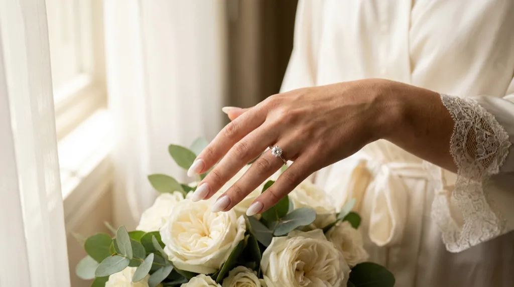 Wedding nails for bride in a soft milky manicure, bride's hand resting on a white rose bouquet