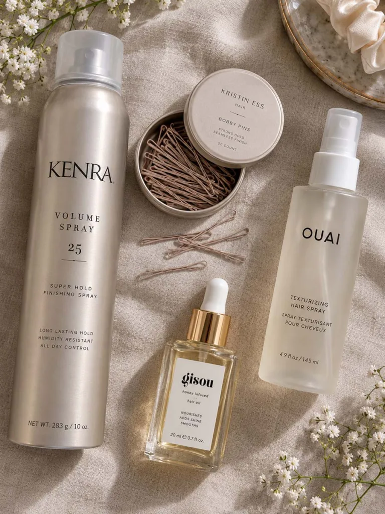 Flatlay of hairspray, bobby pins, texturizing spray, and shine serum for wedding-day hair