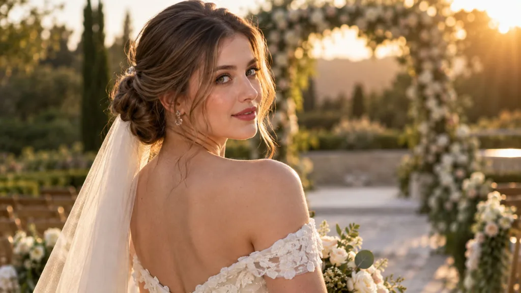 Bride with a medium-length wedding updo turning toward the camera during an outdoor garden ceremony