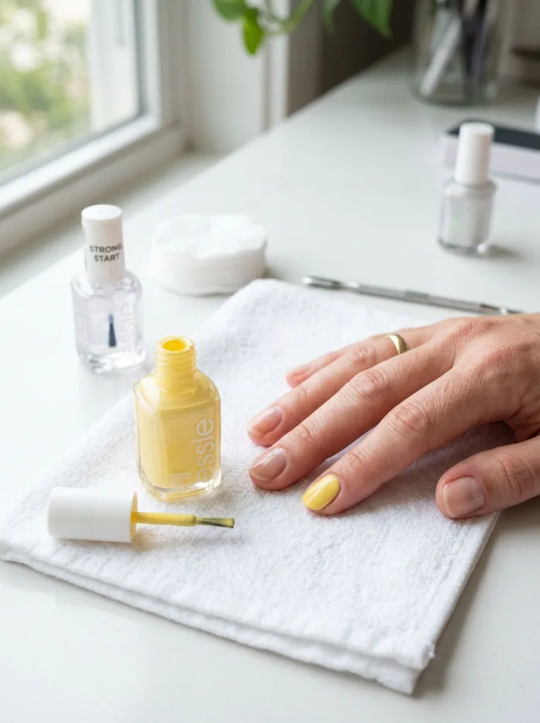 Fair-skinned hand mid-manicure showing yellow nail polish application with base coat and brush