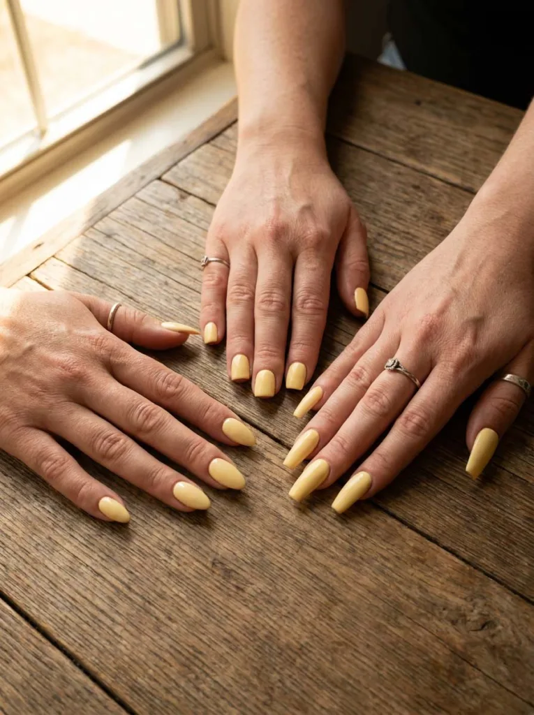 Three yellow manicure nail shapes: almond, square, and coffin, side by side