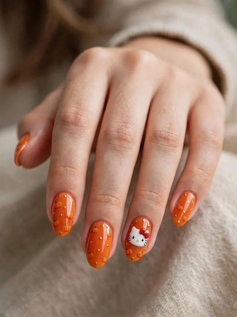 Orange Halloween nails with a white cat face, red bow, and tiny pumpkin decals