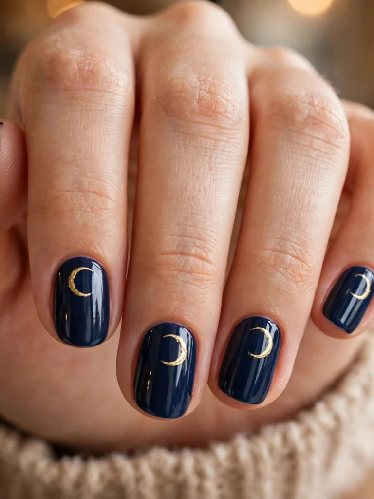 Deep navy nails with a hand-painted gold crescent moon on each nail