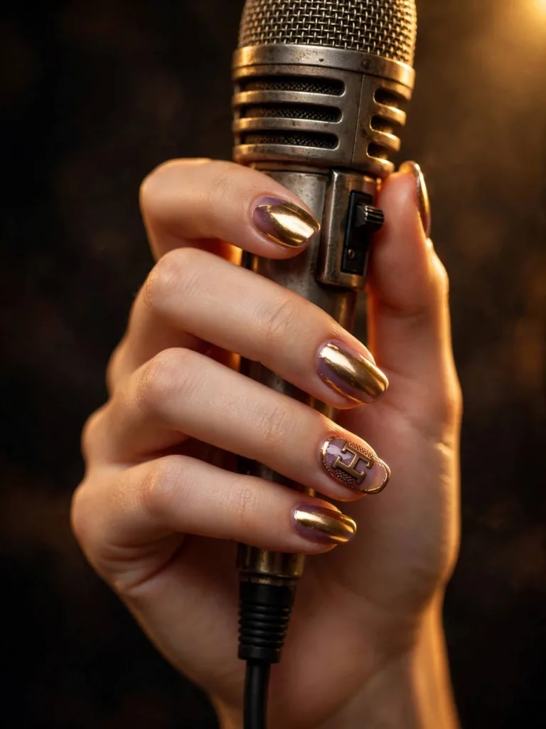Gold chrome nails with purple undertones inspired by Huntrix song Golden