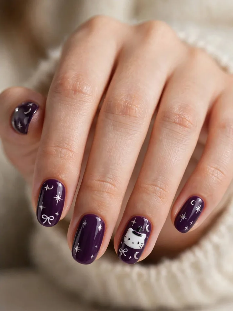 Deep purple Halloween nails with a cat face wearing a tiny witch hat