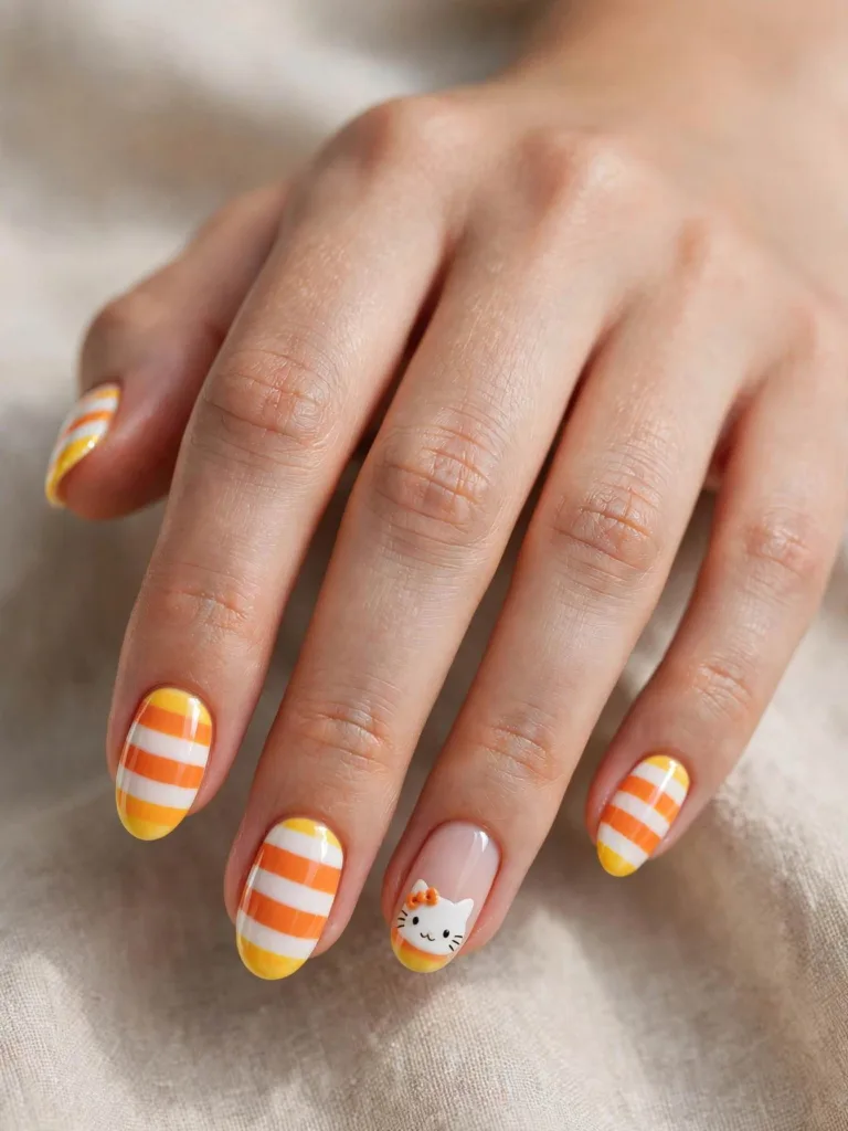 Candy corn striped Halloween nails with a small cat face near the tip