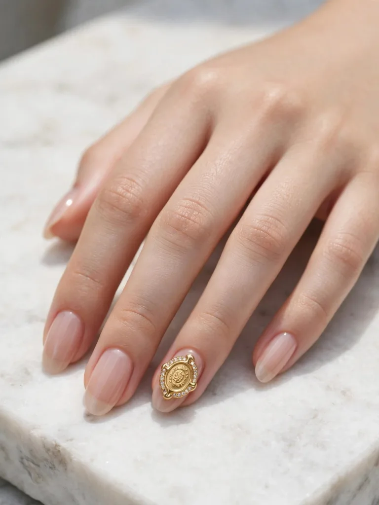 Nude nails with 3D gold Honmoon seal charm accents