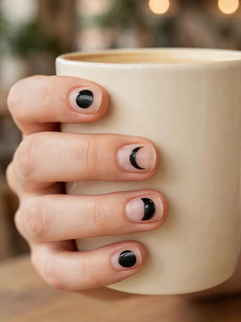 Moon phase artwork in black gel on bare natural nails