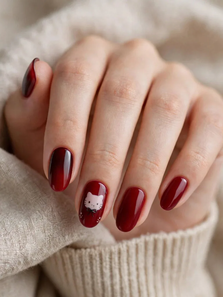 Deep red Halloween nails with a pale vampire cat face and black bow