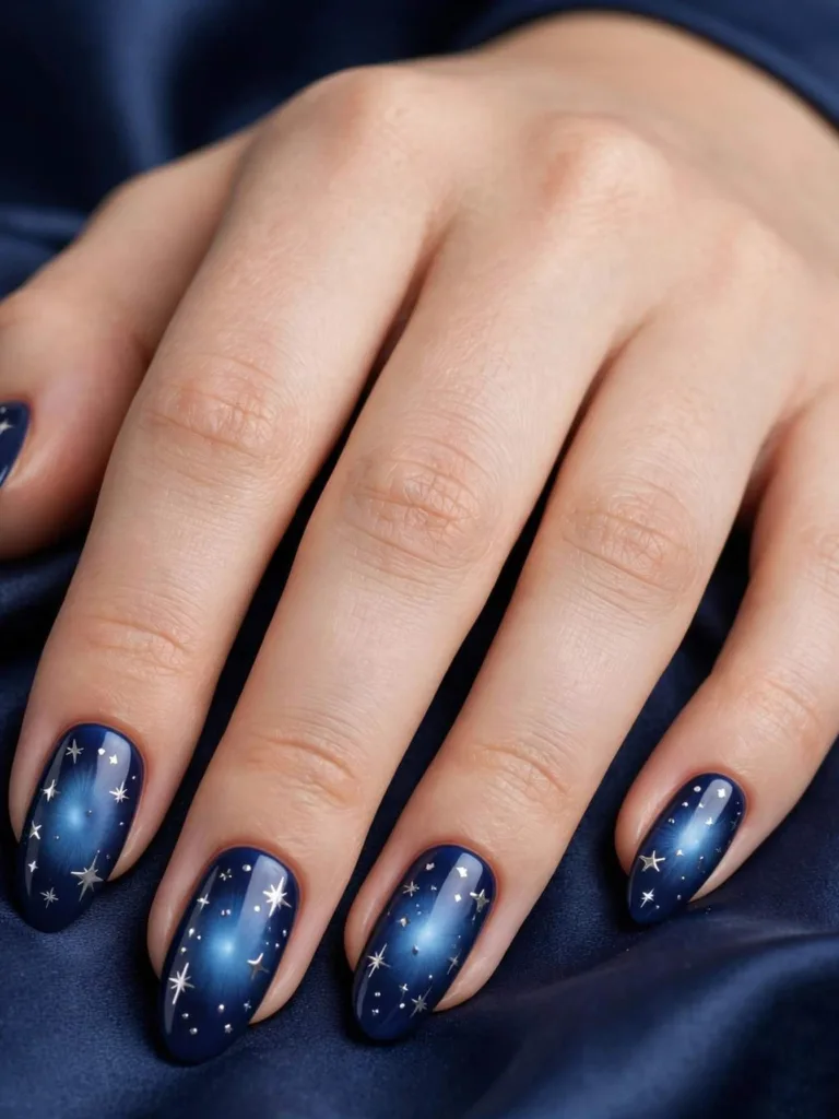 Deep navy nails with an airbrushed lighter blue aura glow center