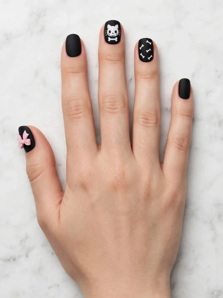 Matte black Halloween nails with a white skeleton cat face and pink bow