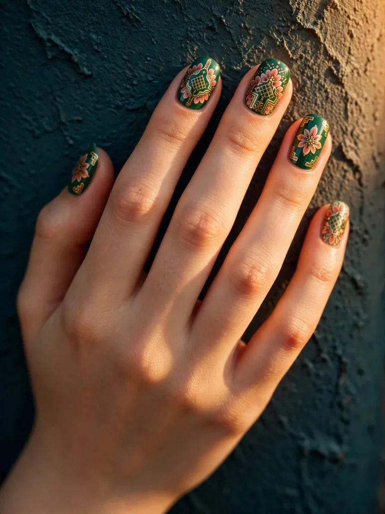 Emerald and gold nails with Korean dancheong palace patterns